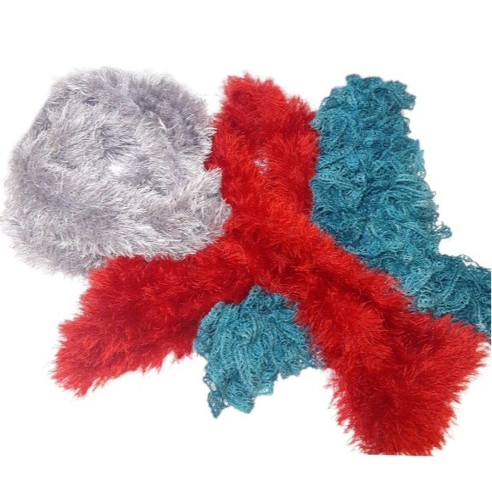 3pc Set Of Womens Handmade Boa Scarves Metallic Ruffled Faux Fur Winter